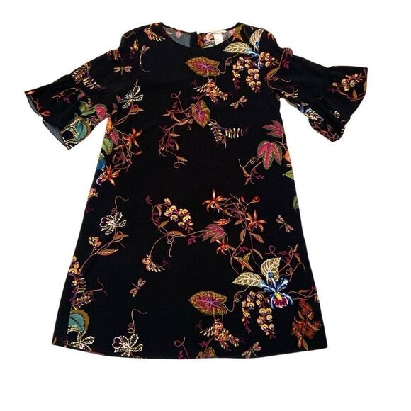 H&M Black with Colorful Floral Print Dress with Ruffle Sleeves Women Size 6 - Picture 1 of 12